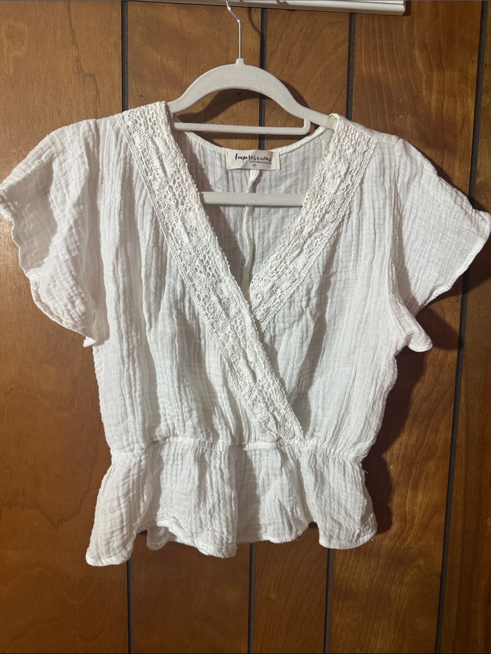 Impressions Cream Gauze Wrap Peplum Blouse